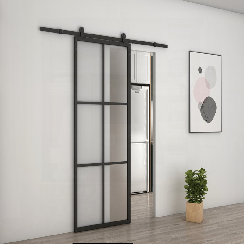 Porte de grange coulissante intérieure en aluminium noir en verre givré 6-Lite avec trousse de quincaillerie, parfaite pour les espaces modernes et minimalistes