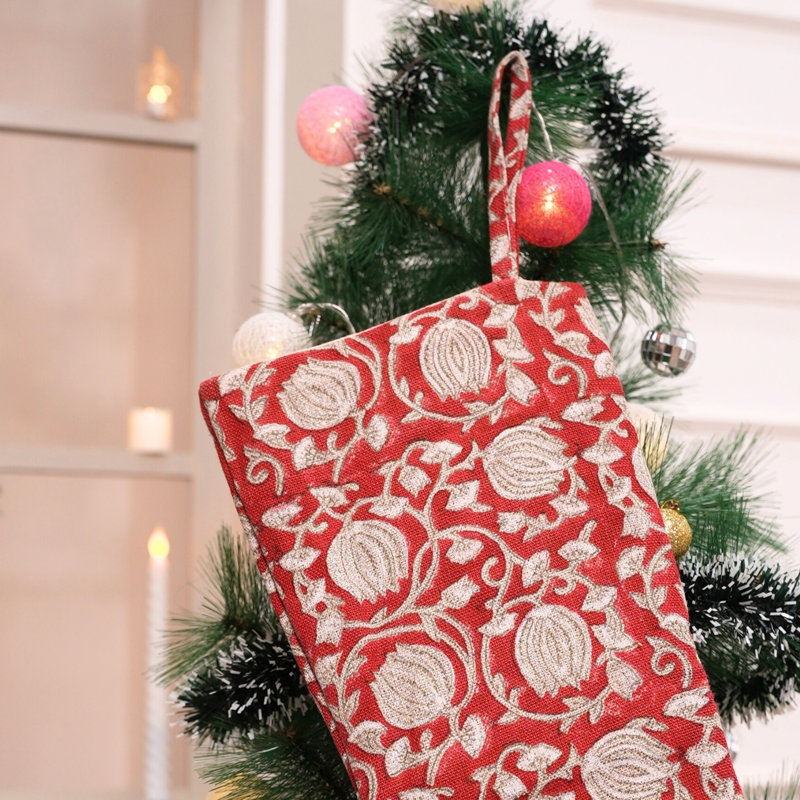  Bas de Noël en lin imprimé à la main avec breloque rétro - 6 Kamal, H 10 po x l 4,5 po