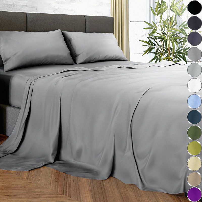 Ultra Soft Luxury Sheets Set - 100% Viscose, 4 pcs, Deep Pocket, Double Stitching, Perfect for Hot Sleepers, Midgrey, Cooling Bedding