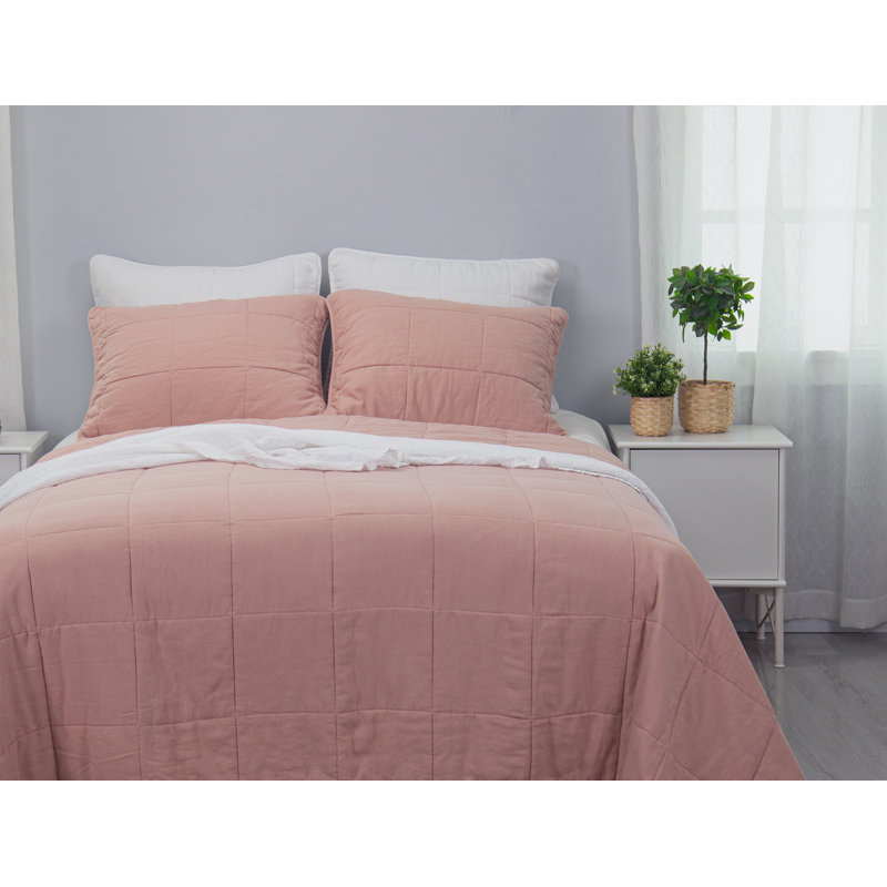 Stone Washed Linen Blend Box Stitch Quilt and Pillow Shams Set, Pink, King Quilt + 2 Shams