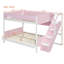 Lit double superposé au-dessus de grand lit double avec escalier à rayures et tablettes latérales, rose-952675850