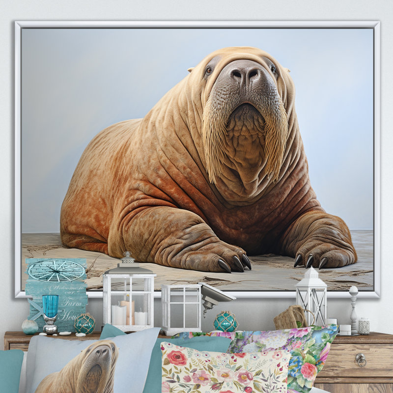 Habitation de morse paresseux sur toile, Cadre flottant blanc, H 24 po x l 32 po x P 1 po