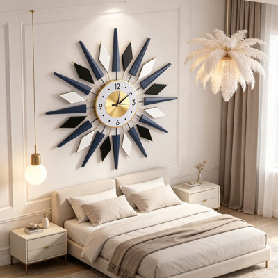 28 Inch Large Wall Clock, Modern Metal Decorative Silent Non-Ticking Wall Clock For Living Room, Dining Room, Bedroom, Office, Blue, Black, White, Dark Blue & White
