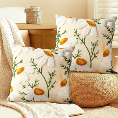 Housses de coussin brodées 18 po x 18 po - Ensemble de 2 housses de coussin décoratives d'été avec fermeture à glissière Esthétique