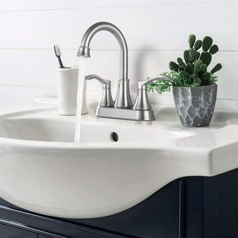 Robinet de salle de bain 4 pouces - Nickel brossé, bec pivotant à 360 ° et bonde escamotable, métal, éclaboussures, économiseur d'eau de 20%, cartouche d'égouttement, robinet à 4 poignées rotatif avec construction, rouille, caractéristique, céramique