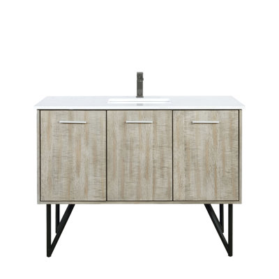 Meuble-lavabo rustique 48 po Large avec surface en quartz blanc, robinet en métal, tablette de rangement à fermeture douce et suffisante avec comptoir, étagère généreuse