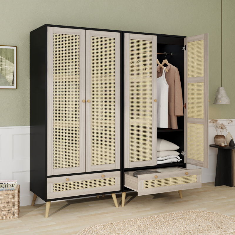 Armoire-penderie haute 70,8 po avec 2 portes en rotin et 1 tiroir