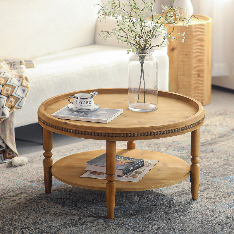 Table basse ronde Boho avec tablette de rangement et garniture perlée, table d'appoint à 2 niveaux pour un salon confortable et fonctionnel