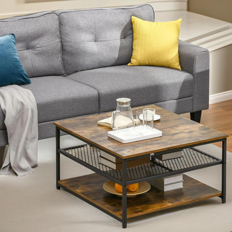 Rustic Industrial 2 Tier Coffee Table with Storage Shelves, Living Room Furniture