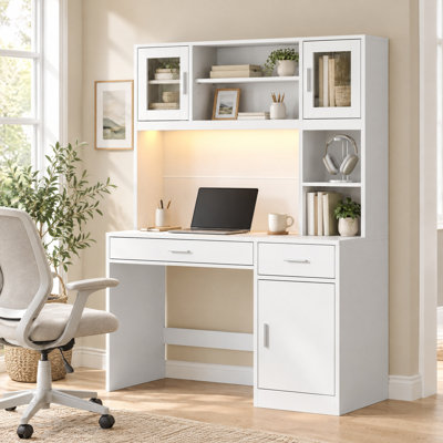 Bureau d'ordinateur moderne de 120 cm de large avec tablette, bureau avec éclairage DEL contrôlé par application et borne de recharge pour bureau à domicile
