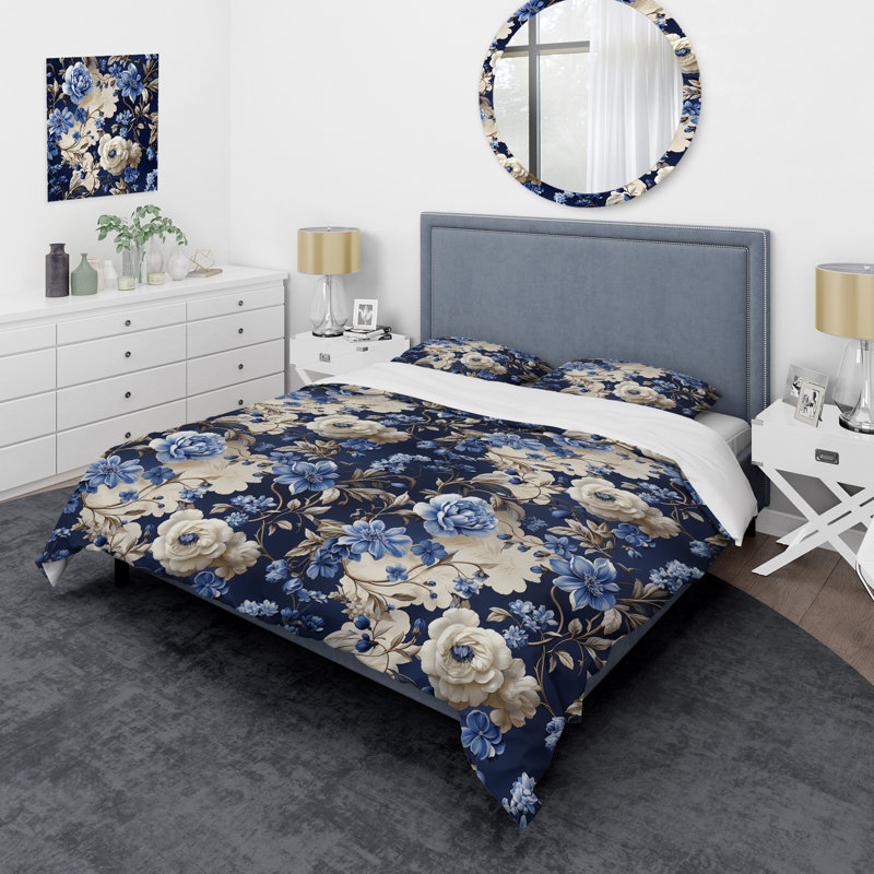 Ensemble de housse de couette Cobalt Blue Cameo Trellis Victorian, Housse de couette pour très grand lit et 2 très