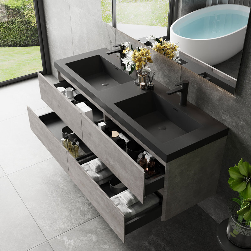 Dhruven 60 Inch Fully Assembled Double Floating Bathroom Vanity With Solid Surface Sink
