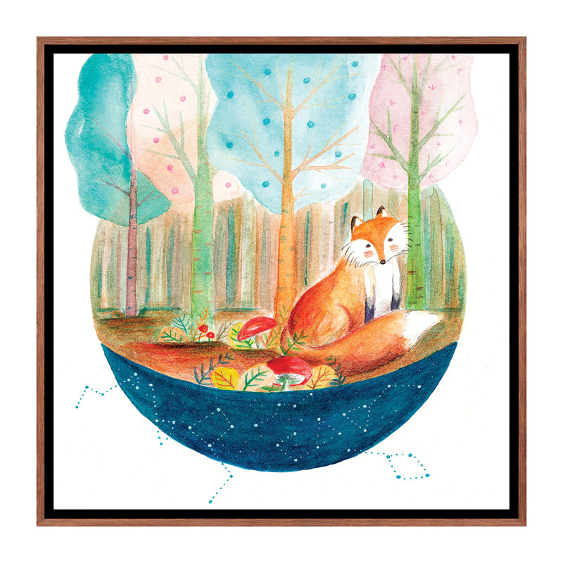 Renard et baleine I - impression, Toile avec cadre brun, Pas de tapis, H 18 po x l 18 po x 1,5 po
