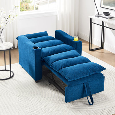 31 Sleeper Chair Bed With Blue Velvet, Frame, And Cup Holder For Home Office Convertible Bed, Blue, Made Of Adjustable Dormitory