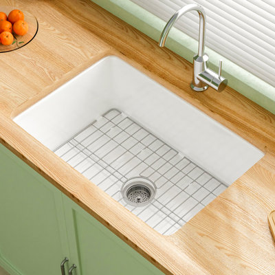 27"Lx19"W Fireclay Undermount Kitchen Sink, Drop In Kitchen Sink White Single Bowl, Dual Mount, for Kitchen & Laundry, Included 2 Custom Accessories