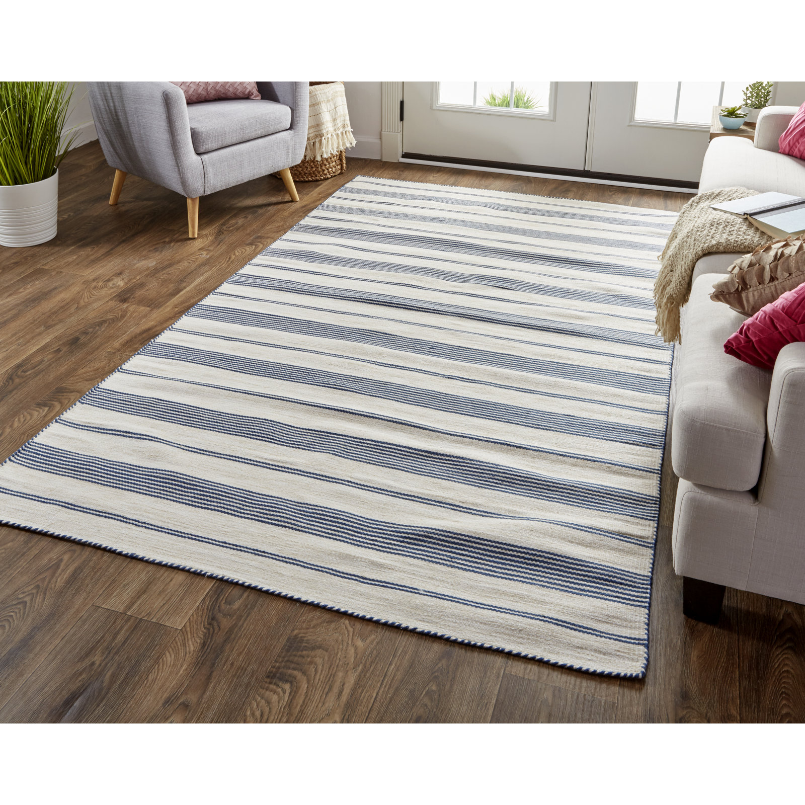 Perci Striped Handmade Navy Area Rug, Rectangle 10' x 14'