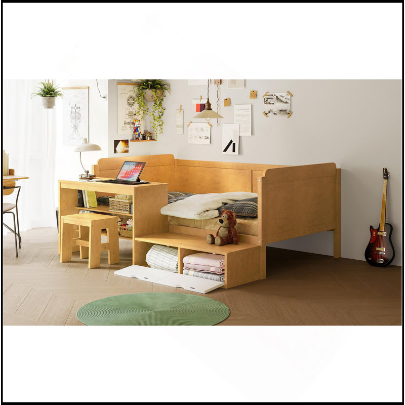 Wooden Daybed With Storage Shelves And Lockers, Multi-Functional Bed With Study Desk And Matching Stool, Natural