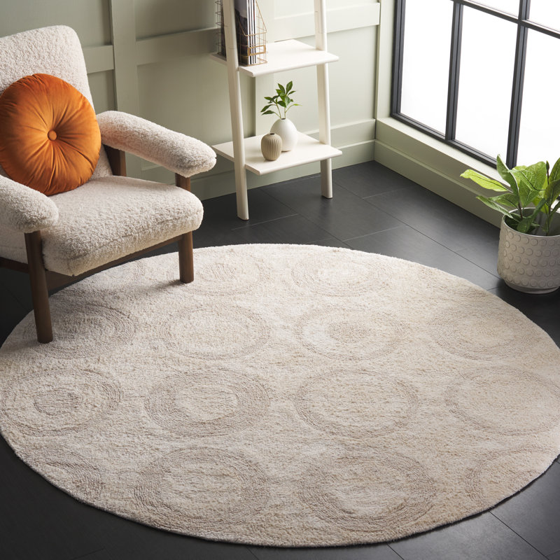 Mullen Geometric Handmade Cotton Area Rug in Ivory, Round 6'