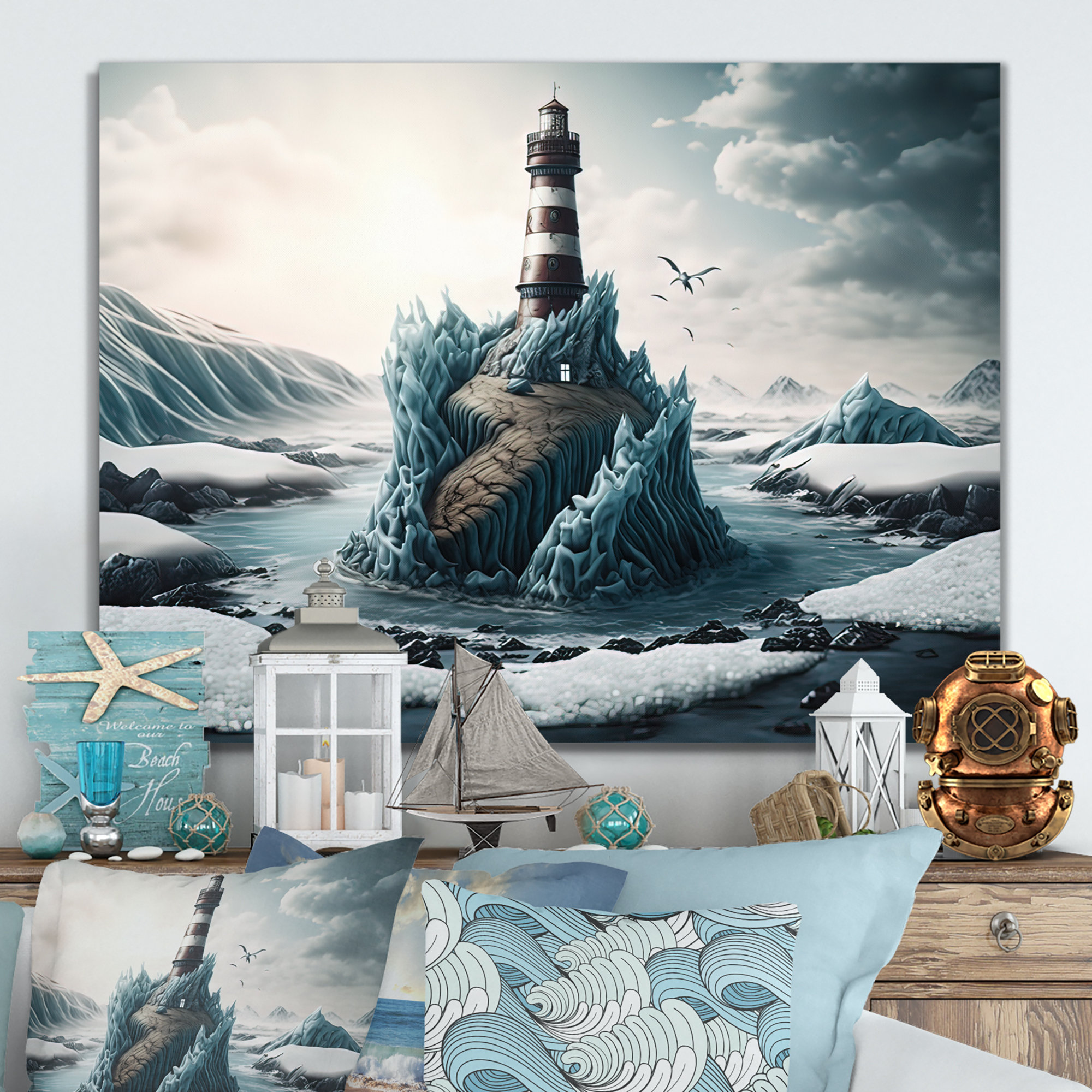 Fantasy Lighthouse in The Arctic Ocean I - Wrapped Canvas Painting Breakwater Bay Size: 16 H x 32 W x 1 D