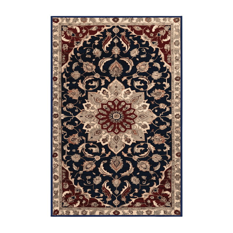 Machine Washable Persian Black Area Rug, Rectangle 7' x 10'