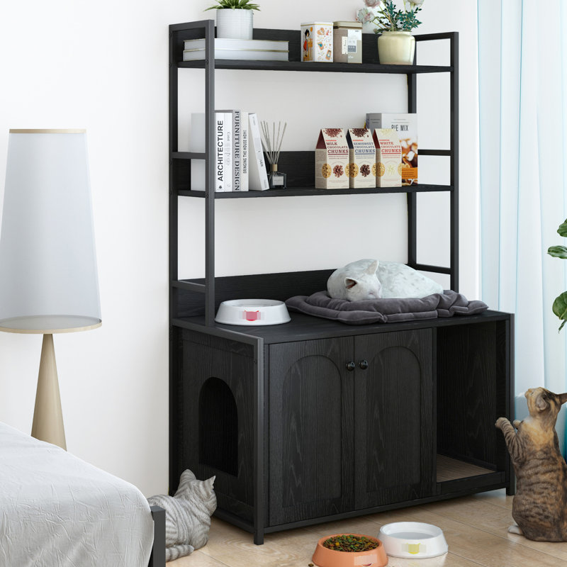Grand bac à litière avec rangement pour tablette, salle de bain pour chat caché, maison pour chat en bois avec patin à griffes, armoire pour chat robuste
