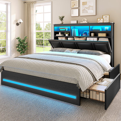 Queen Bed Frame with 4 Storage Drawers and Headboard, Black Upholstered PU Bed Frame Queen Size with Led Lights,Charging Station, 3-Tier Bookcase Storage Headboard,No Box Spring Needed