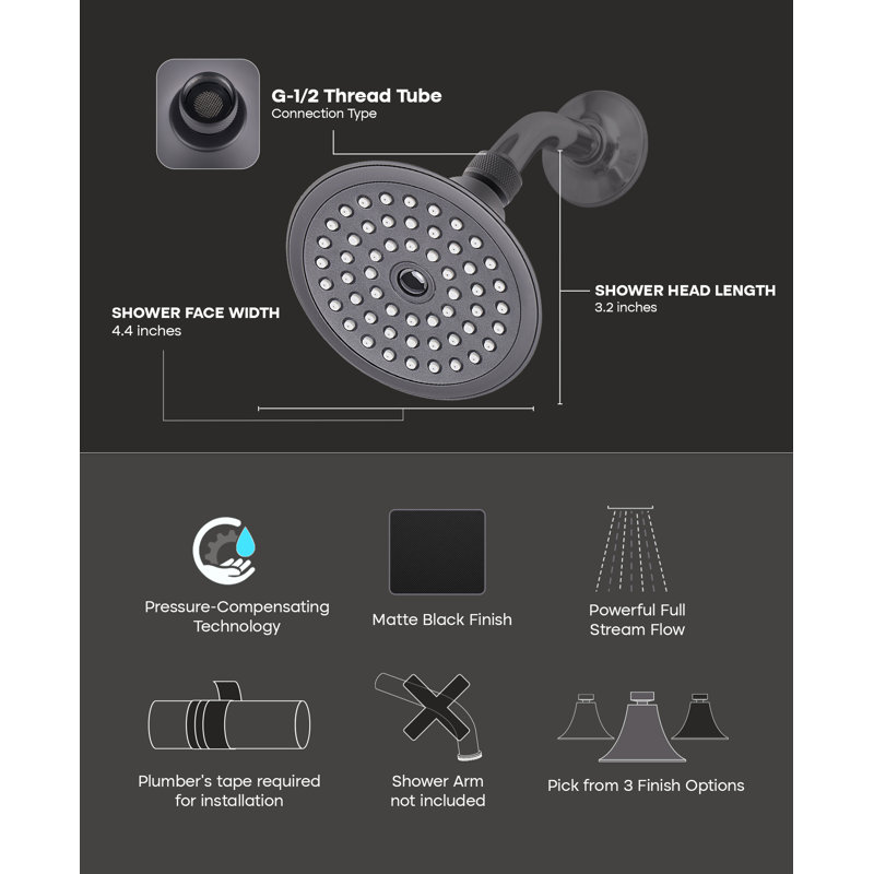 Pomme de douche spa simple à fonction réglable noir matte, face de 4,4 po, Noir mat