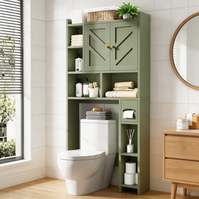 Meuble de rangement de salle de bain autoportant en bois vert, 164 cm de hauteur, à placer au-dessus des toilettes | Gain de place pour petites salles de bain, porte-papier hygiénique intégré et tablette intérieure ajustable