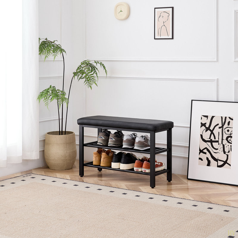 Petit banc à chaussures, étagère à chaussures à 3 niveaux, banc de rangement pour chaussures avec coussin de siège en polyuréthane, banc de rangement pour chaussures d'entrée avec tablettes en maille métallique, range-chaussures autoportant pour le couloir