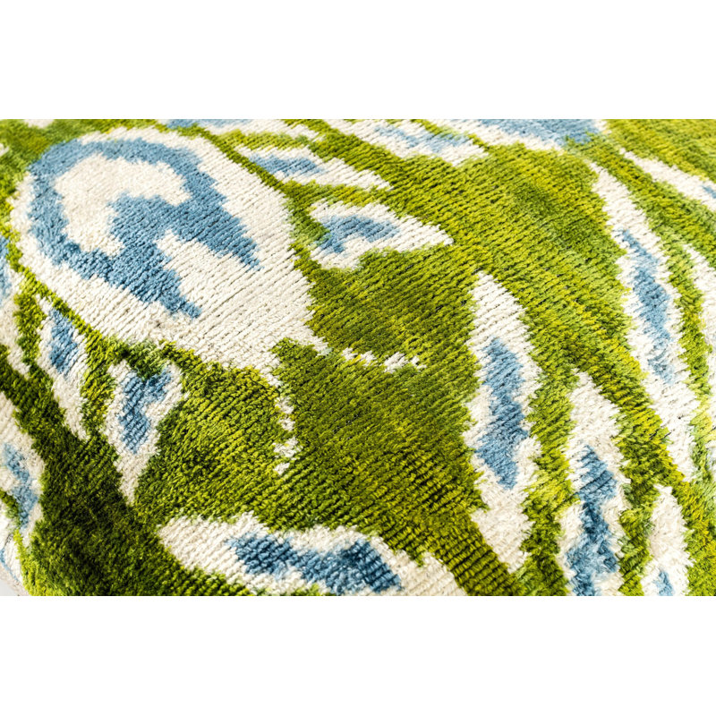 Handmade 16X16 Velvet Throw Pillow – Green, Blue, And White Ikat Pattern With Down Insert For Boho-Chic Deco