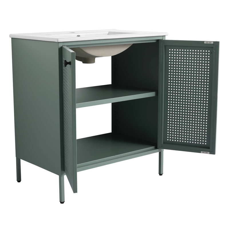 Meuble-lavabo autoportant avec lavabo en céramique, Vert