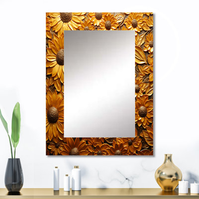 Golden Radiant Sunflower Blooming - miroir décoratif tournesol, grand miroir mural traditionnel, impression d'art en métal