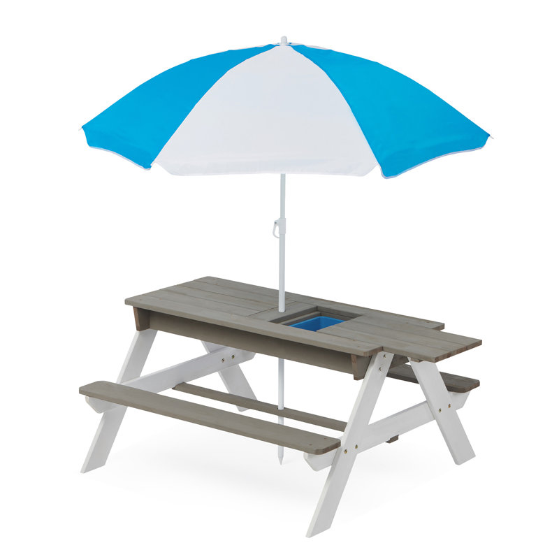 3-In-1 Kids Outdoor Wooden Picnic Table With Umbrella, Convertible Sand & Wate, Gray ASTM & CPSIA CERTIFICATION