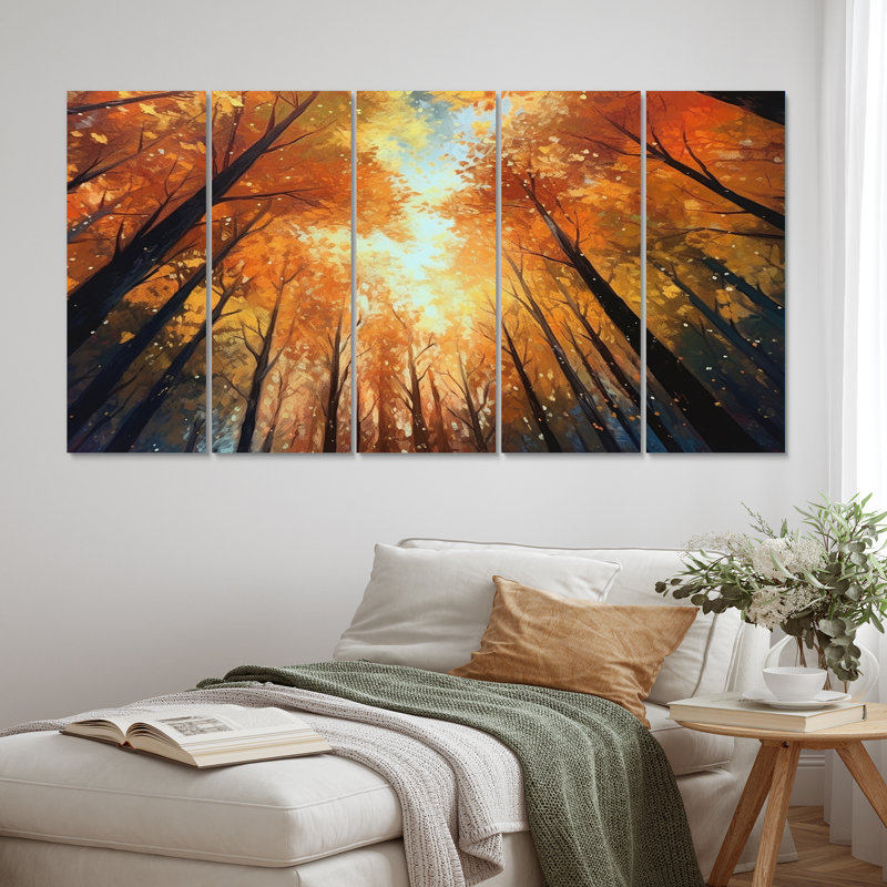 Chaleureuse lumière du soleil d'automne qui brille dans la forêt III - Décoration murale forêt - 5 panneaux égaux