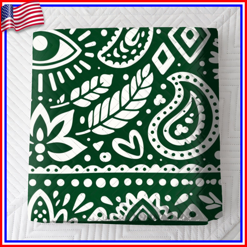 Green Paisley Pattern Quilted Bedspread All Sizes, Full / Double