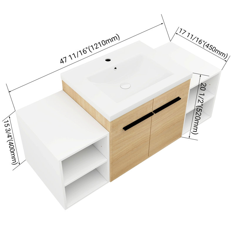 Ensemble de meuble-lavabo mural 48 po avec lavabo de comptoir en résine et 2 tablettes de rangement, 2 portes à fermeture douce (KD-Packing)
