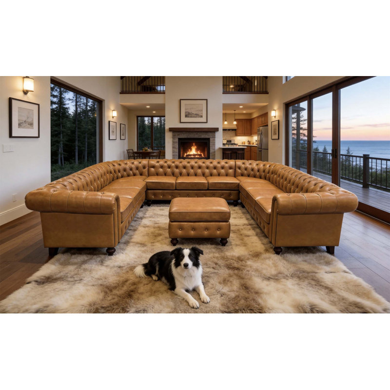 Chesterfield Vintage Style U-Shape Sectional Sofa With Button Tufting, Top-Grain Leather Match Upholstery, Spacious Seating, And Sturdy Wooden Legs.