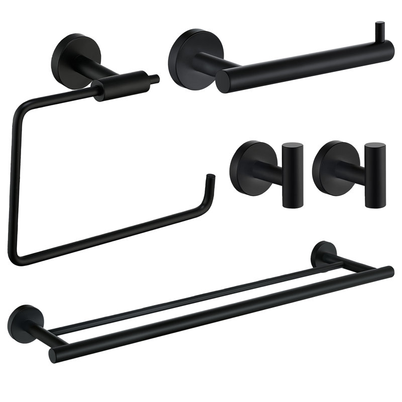 5 - Piece Bathroom Hardware Set with Double Towel Bar Toilet Paper Holder Hand Towel Holder and Towel Hooks, Matte Black
