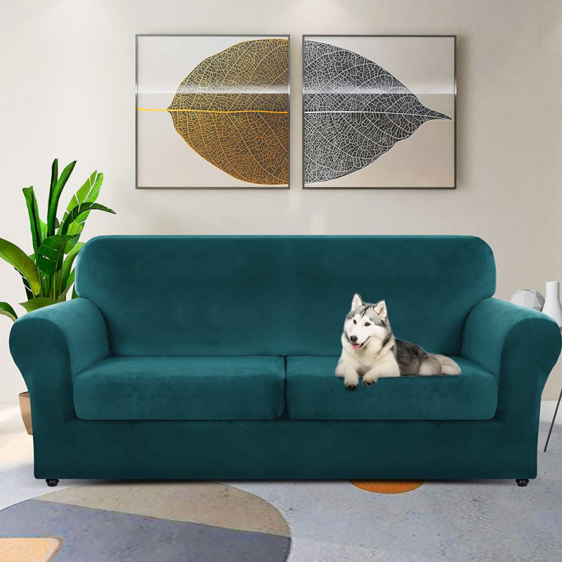 Housse pour canapé à coussins carrés/rectangulaires, Velours vert, H 71 po x l 91 po x P 4,98 po