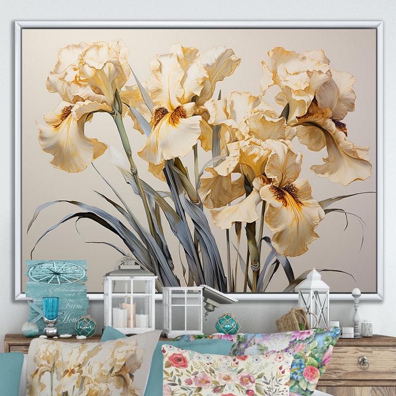 Minimalisme beige et or iris I - impression, H 34 po x l 44 po x P 1,5 po, Cadre flottant blanc