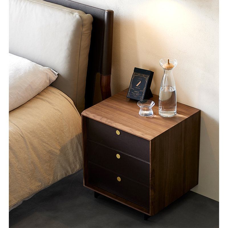 Table de chevet en noyer de style minimaliste avec tiroirs en cuir pour chambre