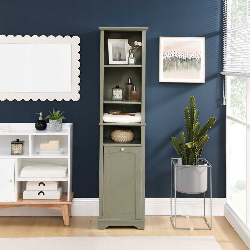Armoire de salle de bain 64 po en gris pour petits espaces, 4 tablettes réglables et panier à linge. Rangement pratique et compact pour la maison - Grand, polyvalent