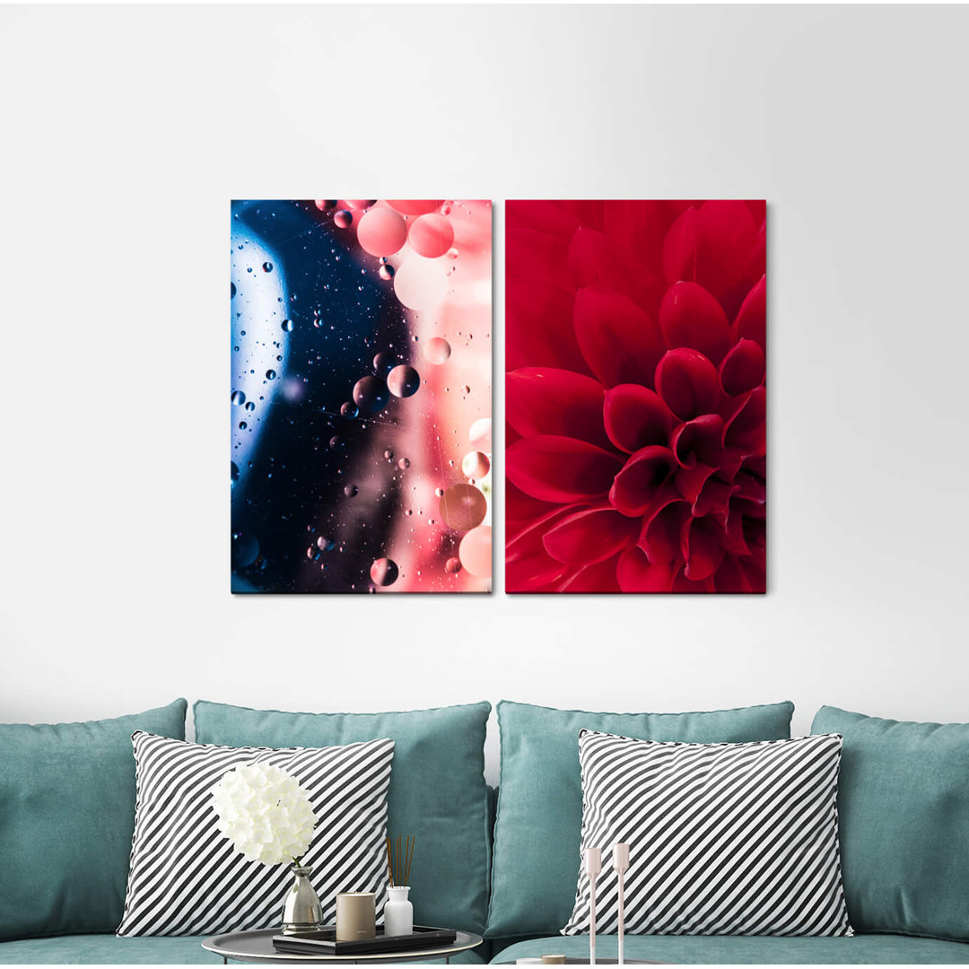 2-tlg. Leinwandbilder-Set - Fotografie „Dahlia Red Flower Water Drops Raindrops Close up”