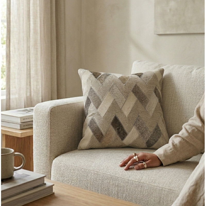 Chevron Patchwork Genuine Cowhide & Wool Throw Pillow (Cover & Insert), Square 18" H x 18" W
