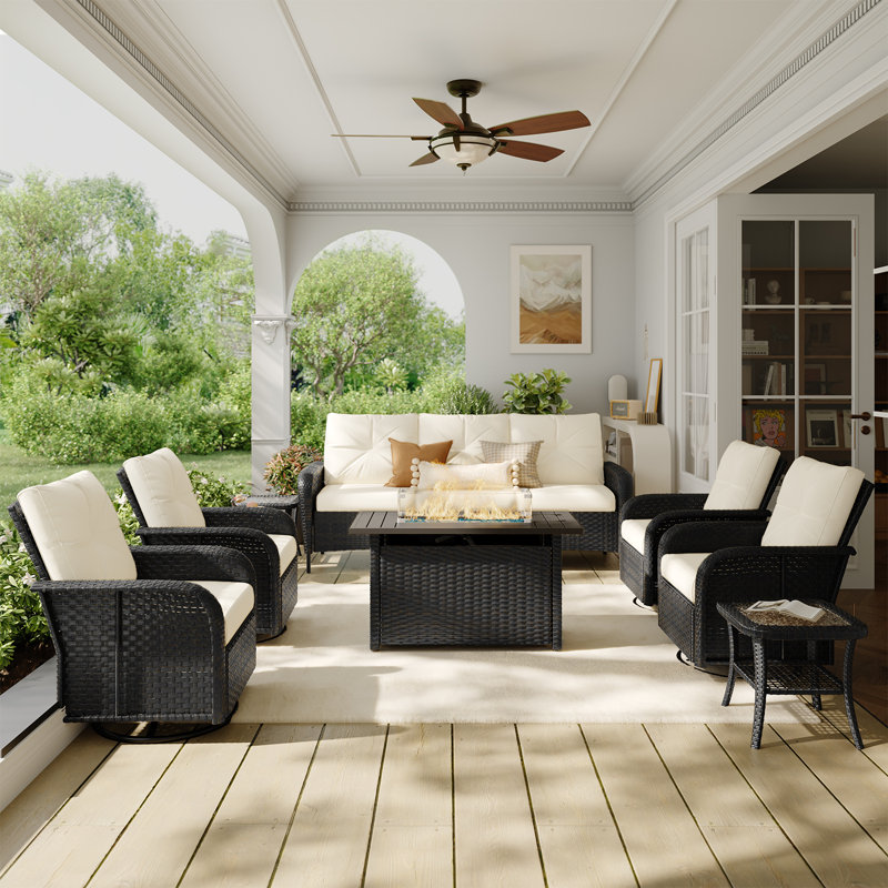 Ensemble de conversation de patio extérieur en osier 8 pièces avec des chaises pivotantes et des poufs, Beige, Noir