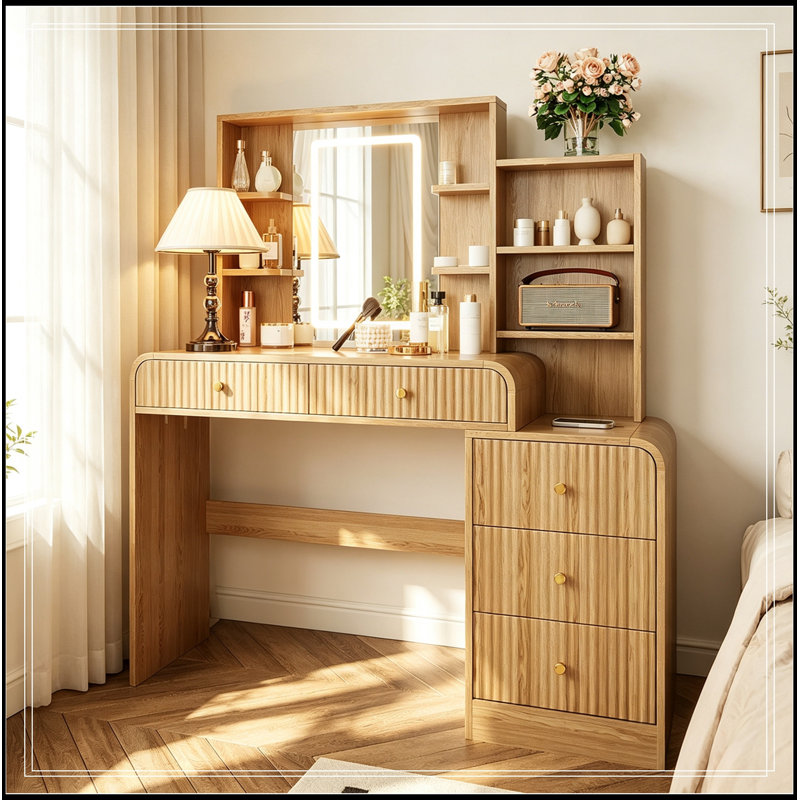 Bureau de maquillage avec miroir lumineux, 5 tiroirs et tablettes de rangement ouvertes, Natural