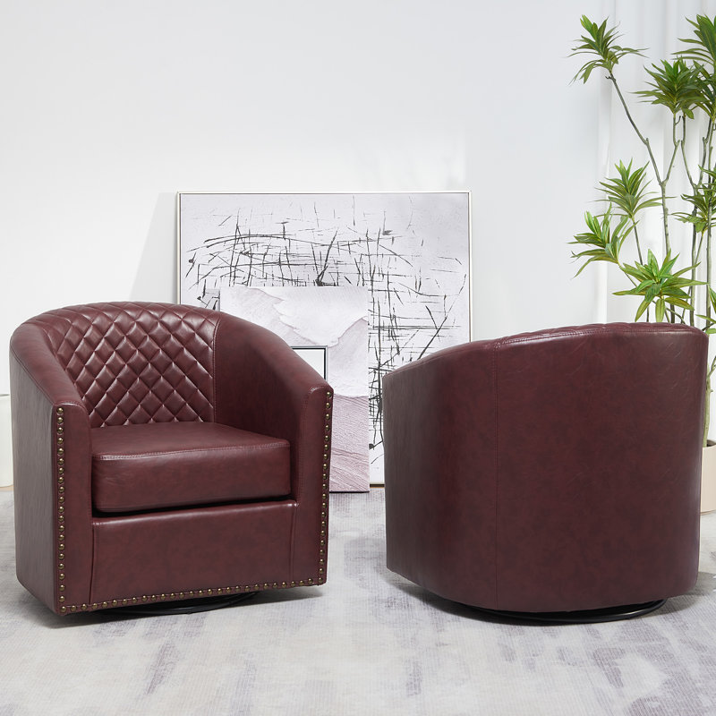 Oscar 29" W Water Resistant Faux Leather Swivel Barrel Chair, Red Faux Leather
