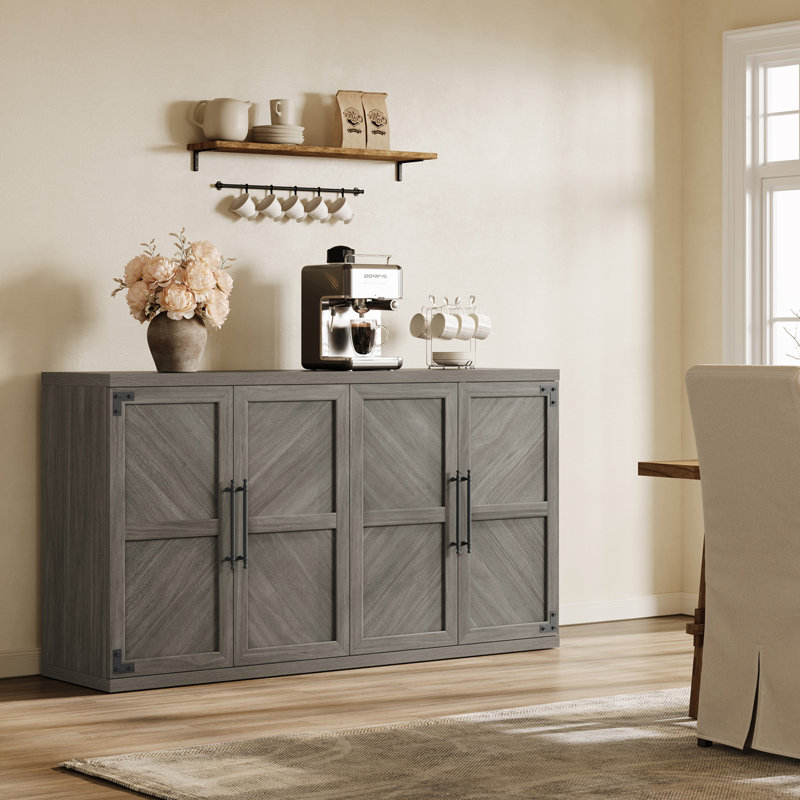 61.3" W Large Capacity Storage Sideboard With Adjustable Shelves And 4 Doors, Ash Gray