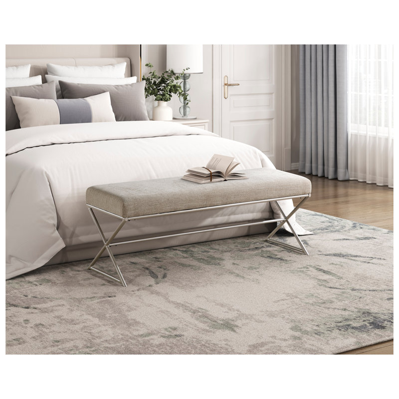 Banc de hall d'entrée contemporain rembourré avec assise en chenille taupe et structure en métal champagne