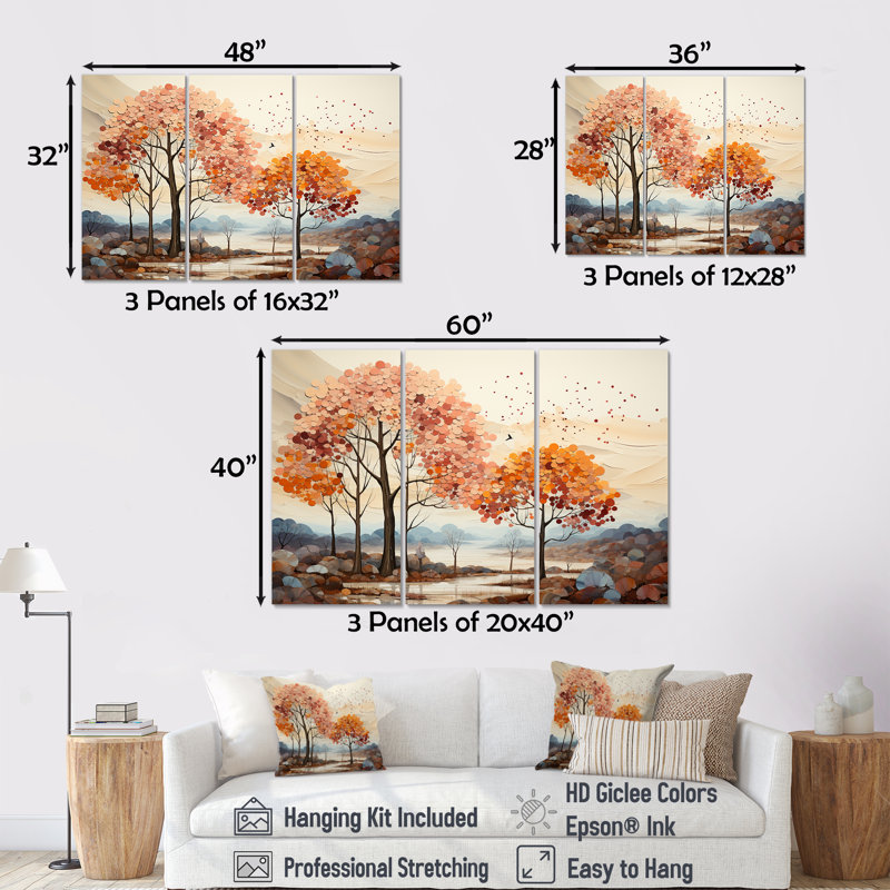 «Mute Tone Maple Trees Collage», ensemble de reproduction d'art mural érable, H 28 po x l 36 po x P 1 po, Toile tendue